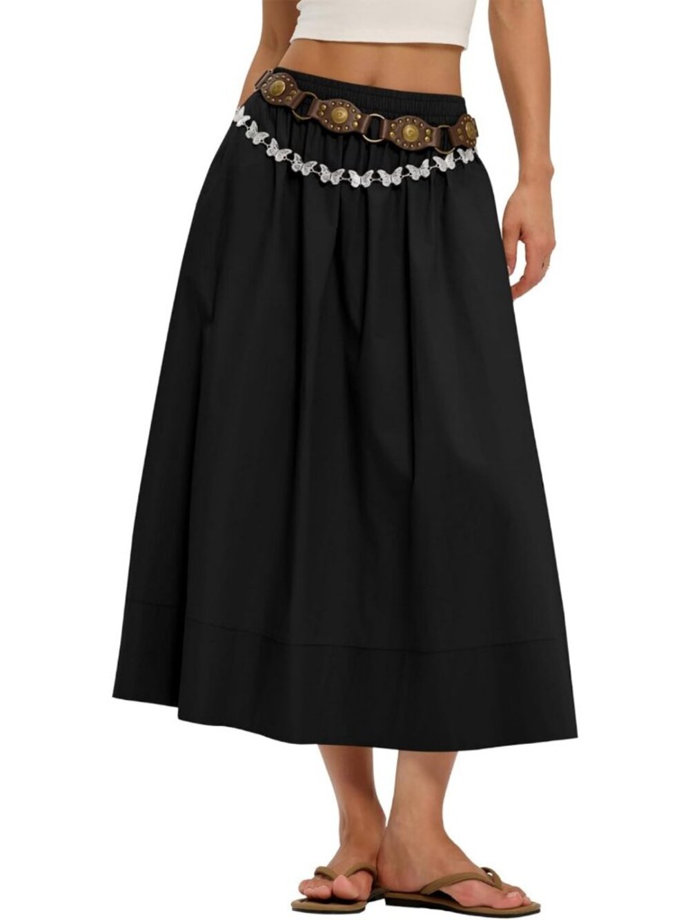 A-Line Midi Skirt for Women with Pockets - Flowy Cotton, Elastic Waist, Stylish